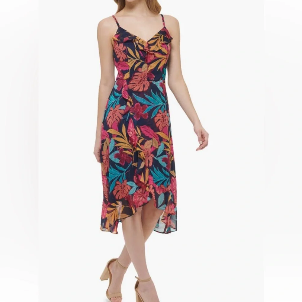 $118 Kensie Tropical Print Shimmery Ruffle Chiffon midi dress, floral. Size 10. - Picture 1 of 16